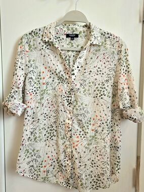 Premise Floral Button-Up Shirt in Cream with Green & Orange Accents